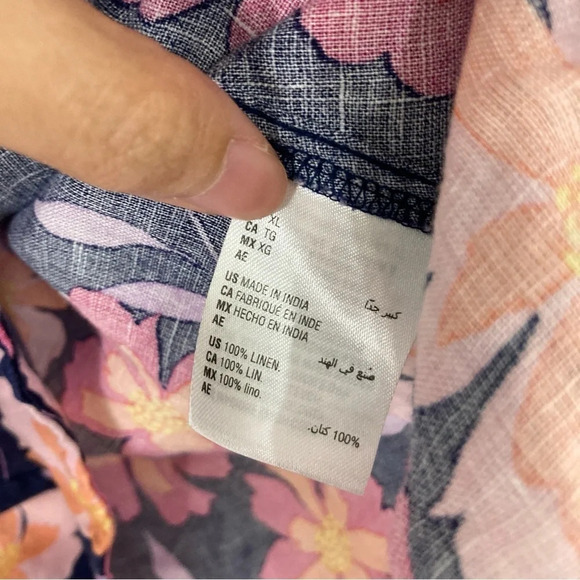 Charter Club Navy Pink Floral 100% Linen Tie Front Short Sleeve Button Down XL - Picture 6 of 10